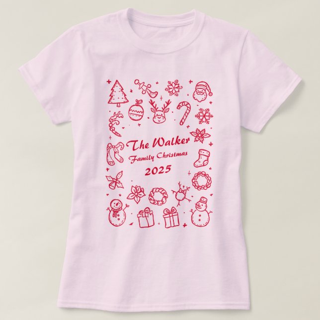 Custom Family Year Christmas Hand Drawn Doodles T-Shirt (Design Front)