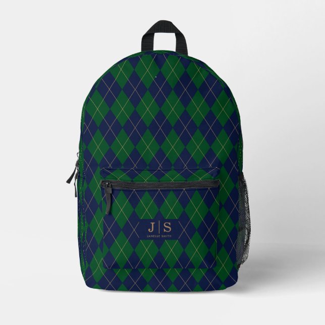 Custom Fancy Monogram Name Plaid Printed Backpack (Front)