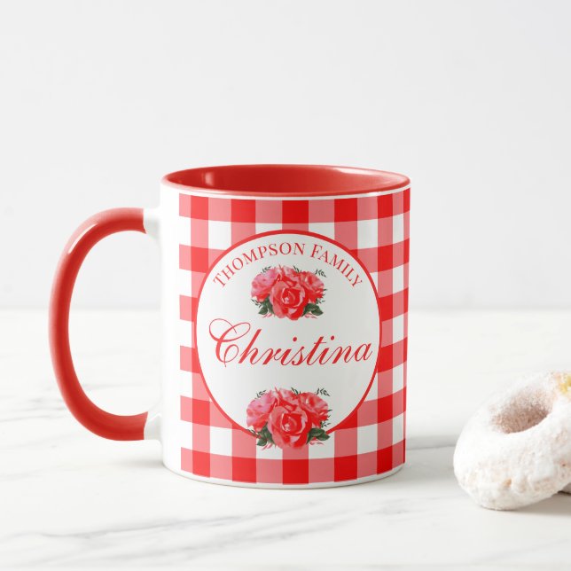 Custom Farmhouse Country Red Gingham Combo Mug (With Donut)