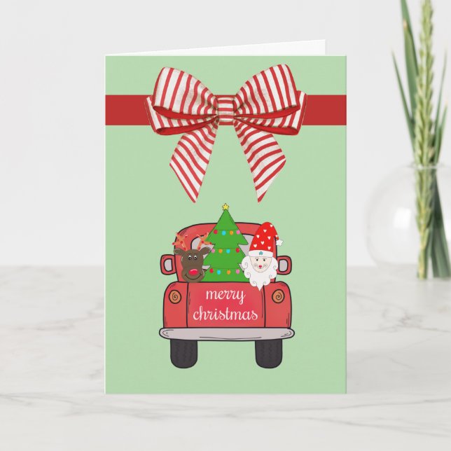 Custom Farmhouse Watercolor Red Truck Christmas Holiday Card (Front)