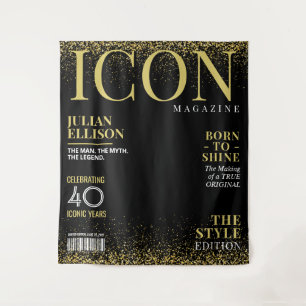 Custom Fashion Magazine Banner, Black Gold Party Tapestry