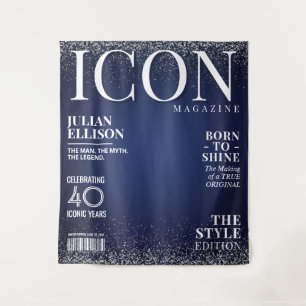 Custom Fashion Magazine Banner, Blue Silver Party Tapestry