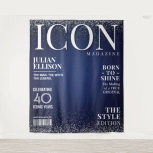 Custom Fashion Magazine Banner, Blue Silver Party Tapestry