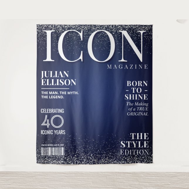Custom Fashion Magazine Banner, Blue Silver Party Tapestry (Front)