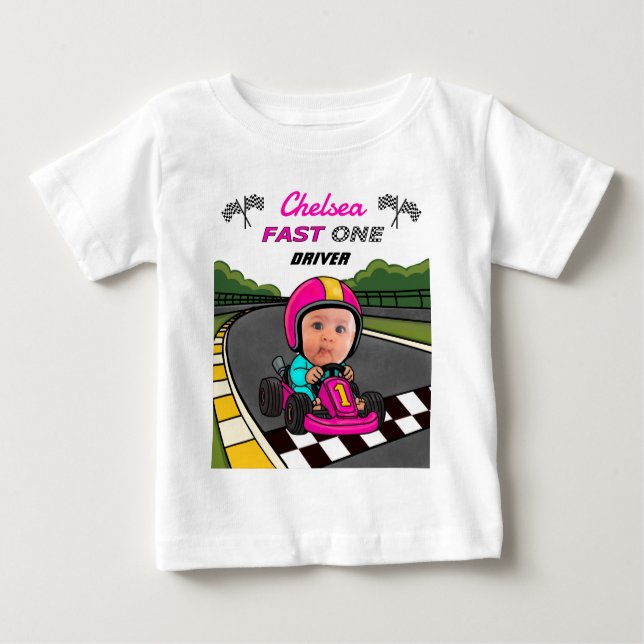 Custom Fast One Pink Race Car Driver Birthday  Baby T-Shirt (Front)