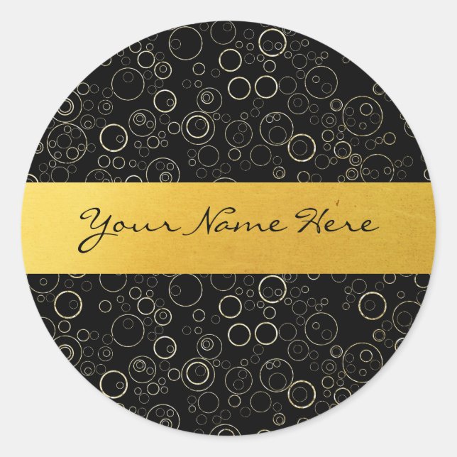 Custom Faux Gold Foil Bubbles on Black Classic Round Sticker (Front)