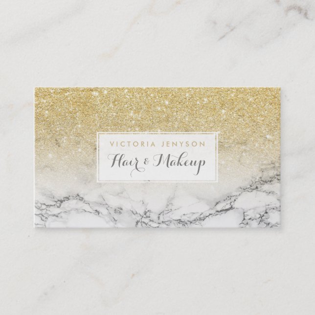 Custom faux gold glitter ombre white marble makeup business card (Front)