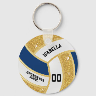 Custom Faux Gold Glitter, White & Blue Volleyball  Key Ring