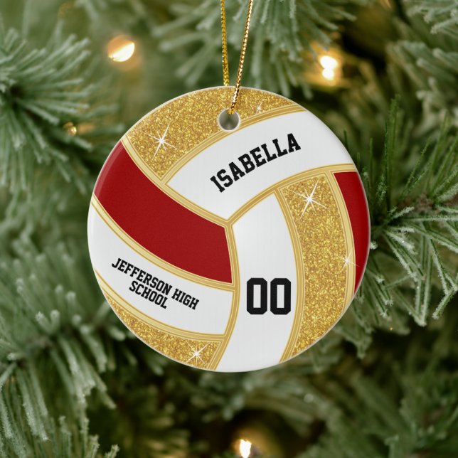 Custom Faux Gold Glitter, White & Red Volleyball Ceramic Tree Decoration (Tree)