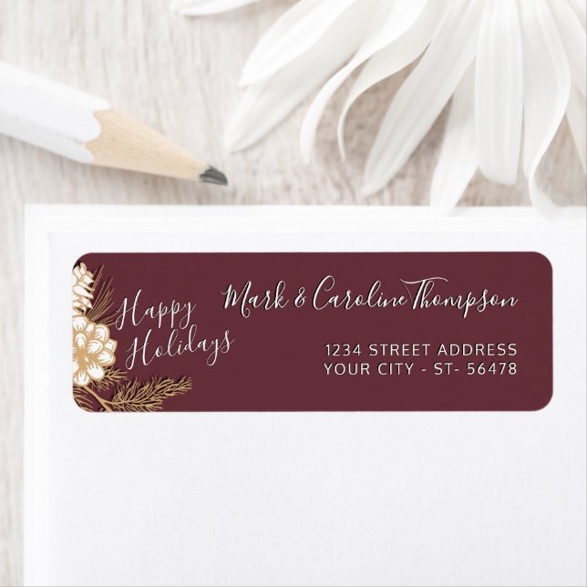 Custom Faux Gold Pine Cones Needles Return Address (Insitu)