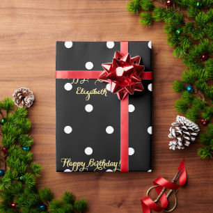 Custom Faux Gold Script Black and White Polka Dot Wrapping Paper