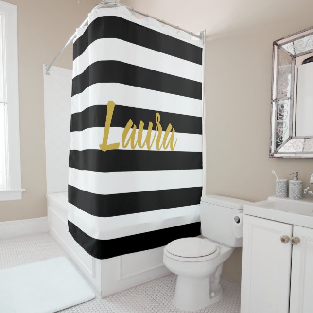 Custom Faux Gold Script | Black and White Stripes Shower Curtain (In Situ)