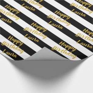 Custom Faux Gold Script on Black and White Stripes Wrapping Paper