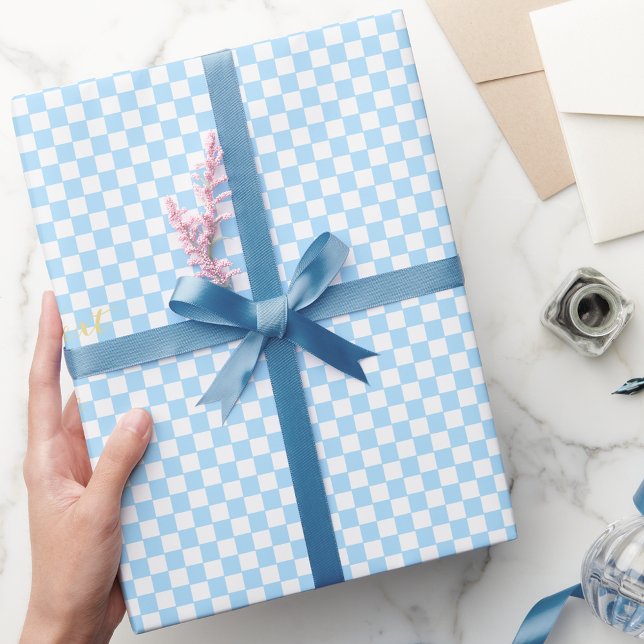 Custom Faux Gold Text Blue and White Chequered Wrapping Paper (Custom Faux Gold Text Blue and White Checkered Wrapping Paper)