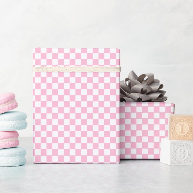 Custom Faux Gold Text Pink and White Chequered Wrapping Paper (Custom Faux Gold Text Pink and White Checkered Wrapping Paper)