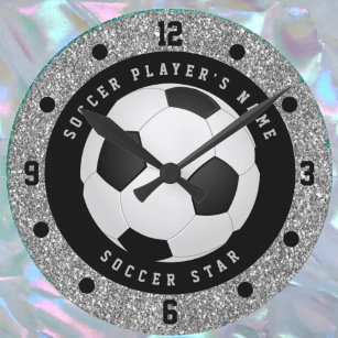 Custom Faux Silver Glitter Soccer Ball Football Round Clock