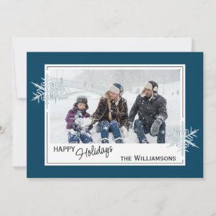 Custom Faux Silver Snowflakes On Dark Blue Holiday Card