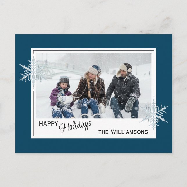 Custom Faux Silver Snowflakes On Dark Blue Postcard (Front)