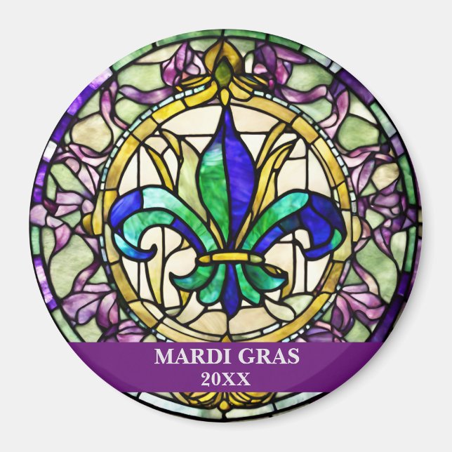 Custom Faux Stained Glass Mardi Gras Flower Magnet (Front)