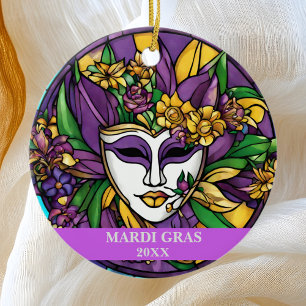 Custom Faux Stained Glass Mardi Gras Mask Ceramic Tree Decoration