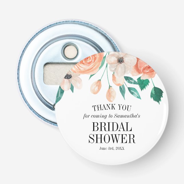 Custom Favours Elegant Peach Floral Bridal Shower Bottle Opener (Front)