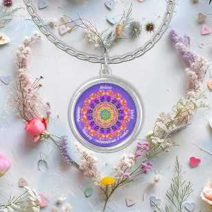 Custom February Birth Month Flower Mandala Art Silver Plated Necklace