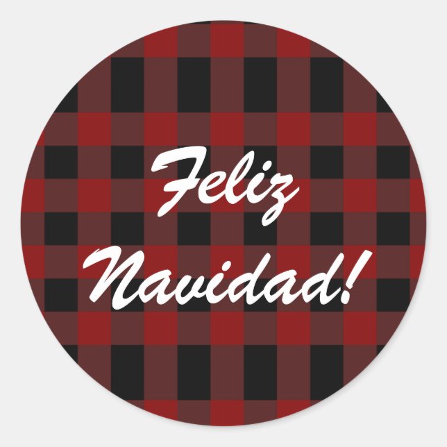Custom Feliz Navidad Christmas Red Plaid Spanish Classic Round Sticker (Front)