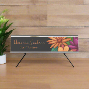 Custom Feminine Colourful Blooming Flowers Black Desk Name Plate