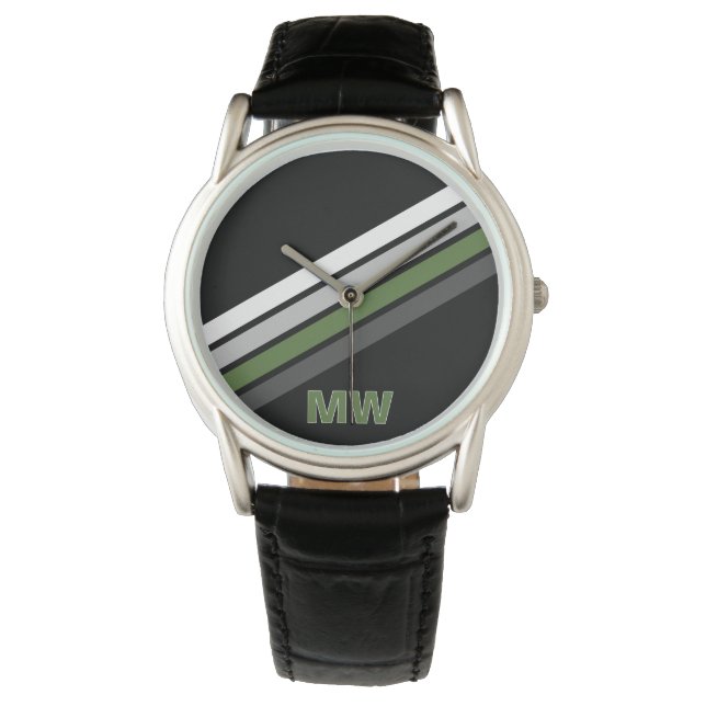 Custom Fern Green Black Grey White Stripes Pattern Watch (Front)