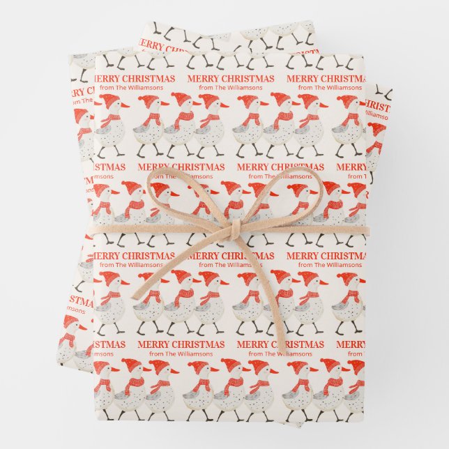Custom Festive Christmas Ducks Family Name Wrapping Paper Sheet (In situ)