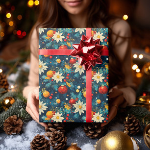Custom Festive Floral and Ornaments Christmas Wrapping Paper