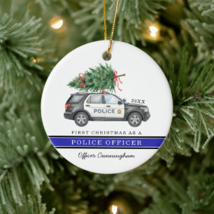 Custom Festive Police Officer Car First Christmas  Ceramic Tree Decoration