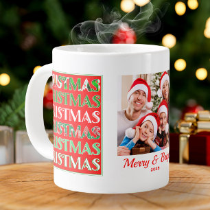 Custom Festive Red Green Christmas Photo Large Coffee Mug