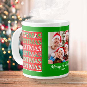 Custom Festive Red Green Christmas Photo Large Coffee Mug