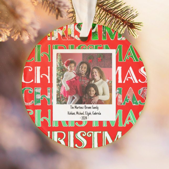 Custom Festive Red Green Christmas Photo Ornament (Creator Uploaded)