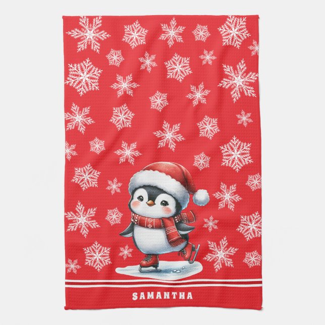 Custom Festive Red Penguin Ice Skater Christmas Tea Towel (Vertical)
