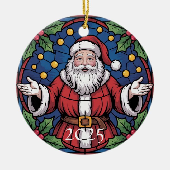 Custom Festive Santa Stained Glass Artwork  Ceramic Tree Decoration (Front)