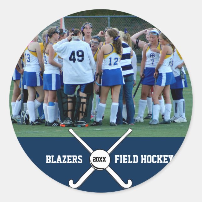 Custom Field Hockey Photo Collage Name Team Number Classic Round Sticker (Front)
