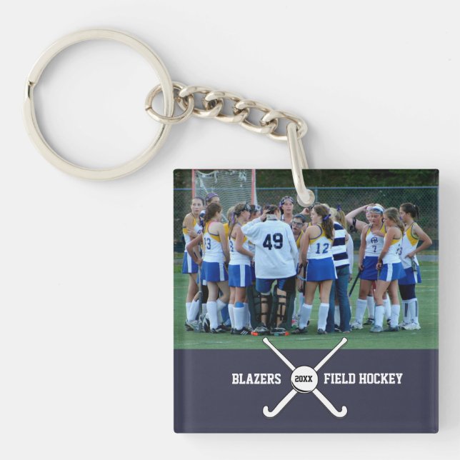 Custom Field Hockey Photo Collage Name Team Number Key Ring (Front)