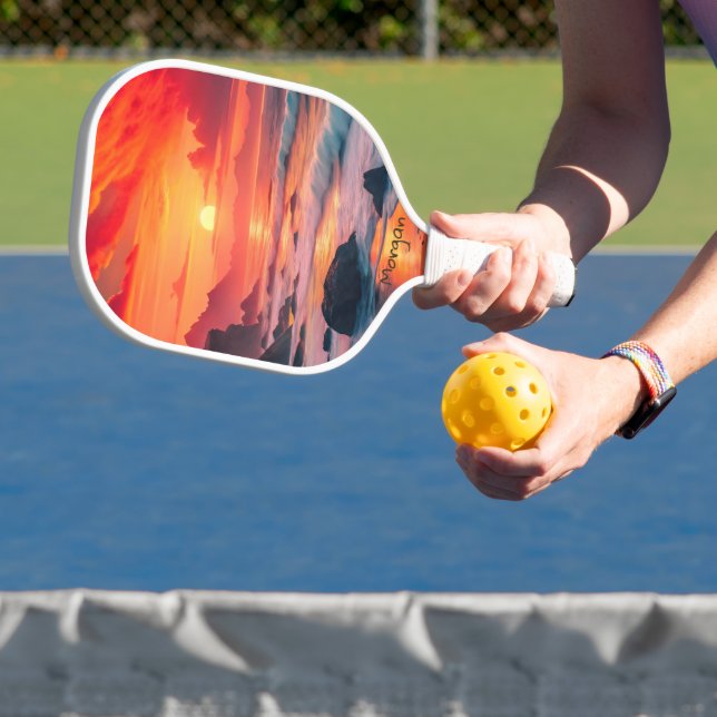 Custom Fiery Sunset Coastline – Ocean Cliffs Pickleball Paddle (Insitu)