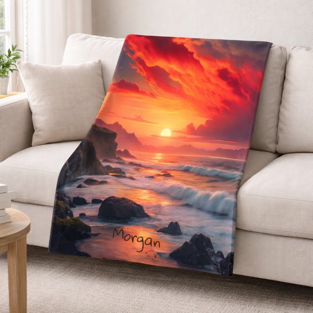 Custom Fiery Sunset Coastline – Ocean Cliffs Sherpa Blanket (Creator Uploaded)