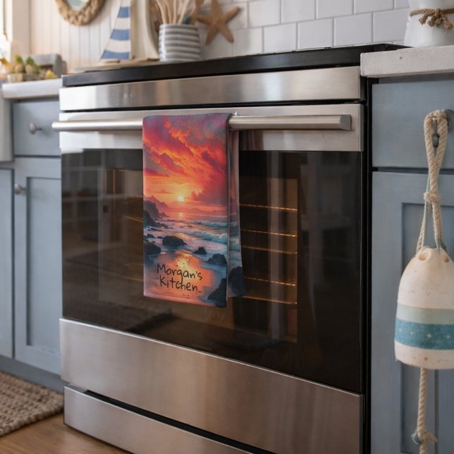 Custom Fiery Sunset Coastline – Ocean Cliffs Tea Towel (Creator Uploaded)