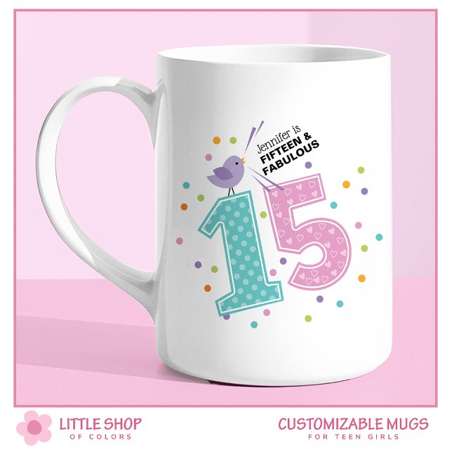 Custom Fifteen and Fabulous Pink Confetti Birthday Coffee Mug (Creator Uploaded)