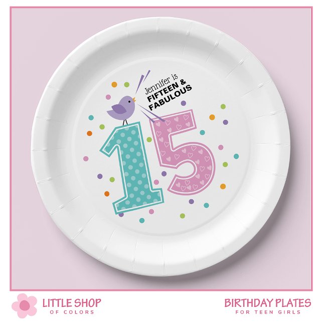 Custom Fifteen and Fabulous Pink Confetti Birthday Paper Plate (Creator Uploaded)