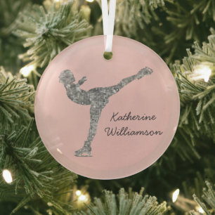Custom Figure Skating Ice Skating Silver Shimmer Glass Tree Decoration
