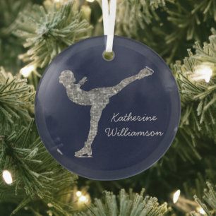 Custom Figure Skating Ice Skating Silver Shimmer Glass Tree Decoration