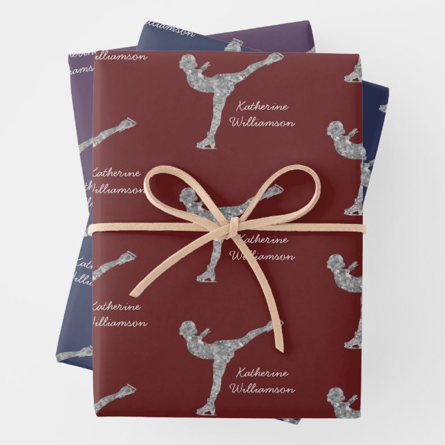 Custom Figure Skating Ice Skating Silver Shimmer Wrapping Paper Sheet (In situ)