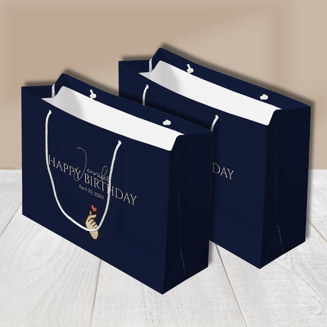 Custom Finger Heart Shape Happy Birthday Navy Blue Large Gift Bag (Creator Uploaded)