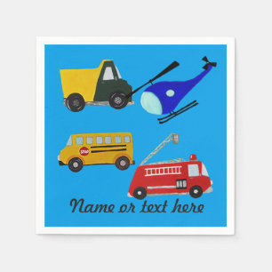 Custom fire, sand truck, school bus and helicopter napkin