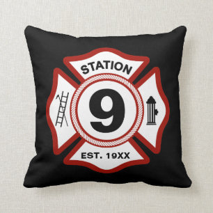 Custom Fire Station Number Maltese Cross Black Cushion